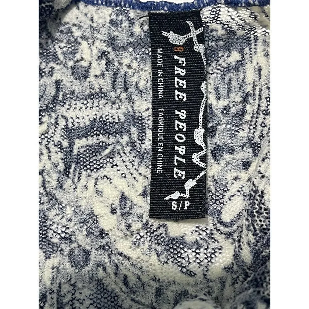 Free People Sheer Lace Printed Long Tank Top Lettuce Hem Sleeveless Blue Small‎